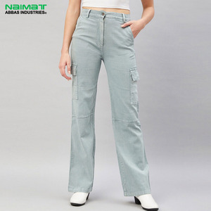 Women Light Wash Denim Cargo Pants Wide Leg Baggy Denim Jeans Elastic Waist Utility Cargo Trousers Long Pants - Product Image 1