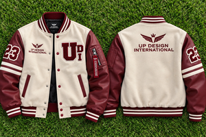 Veste universitaire personnalisée en crème avec manches en cuir bordeaux, veste bomber brodée, fabricant OEM de streetwear - Product Image 6