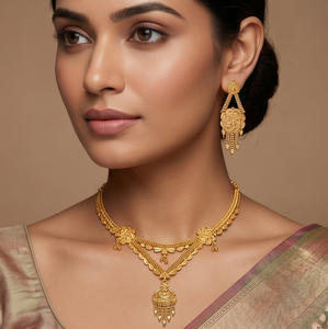 Divyoro Gold Plated Classic Ethnic <b>Statement</b> <b>Necklace</b> Set with Adjustable Length Tassel Earrings for Women Wedding Jewelry - Product Image 3