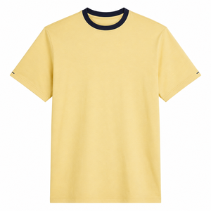 Camiseta Personalizada de Algodón Amarillo con Cuello Redondo y Contraste Azul Marino, Manga Corta, Ropa Casual de Verano para Hombre, Proveedor Mayorista - Product Image 5