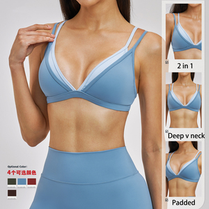 Fitrova Enterprises Soutien-gorge de sport respirant et à séchage rapide pour femme, dos nu, col en V profond, 2-en-1, couleur contrastante - Product Image 5