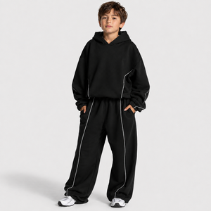 Kid Boys Pullover Hoodie Jogger <b>Set</b> Kid Boys Contrast Stripe Fleece <b>Set</b> Wide Leg Sweatpants Boys Custom Kids Tracksuit OEM ODM - Product Image 1