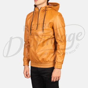 Chaqueta con Capucha de Cuero Genuino Color Camel para Hombre, con Cierre de Cremallera de un Cuarto, Bolsillo Frontal, Cintura Elástica, Estilo Casual Anorak - Product Image 5
