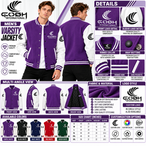 Veste de sport pour homme, couleur unie violet et blanc, manches en cuir, boutons pression, col montant, style varsity, pour l'automne - Product Image 6