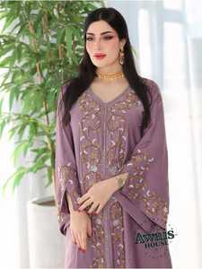 Awais House Women's Purple Embroidered Abaya V Neck Long Sleeve Floor Length Modest Dress Floral Pattern Rayon Material - Product Image 5