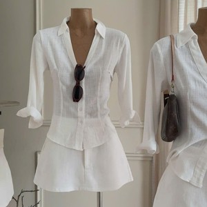 High Quality OEM ODM <b>Women's</b> Casual Solid White V-Neck Shirt <b>Skort</b> 2-Piece Set Breathable Quick Dry 100% Polyester Oxford Fabric - Product Image 5