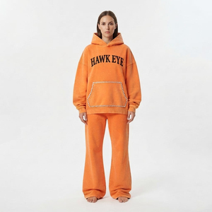 Custom <b>Women</b>’s Acid Wash Heavyweight Cotton Fleece Rhinestone Pullover Hoodie Wide Leg Pants Two Piece Winter <b>Tracksuit</b> - Product Image 1