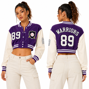 Women <b>Brown</b> Cropped Varsity Jacket Wolves Gold Number Embroidered Animal Logo Snap Button Streetwear Wholesale OEM Luxury Fit - Product Image 3