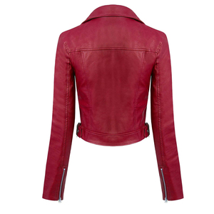 Women's Red PU Leather Windproof Moto <b>Jacket</b> Full Sleeve Regular Length Solid Color Biker Style Spring Autumn Wear - Product Image 2