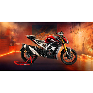 Motocicleta TVS "APACHE RTR 310" con diseño deportivo estilo Scrambler en rojo, negro, plateado y azul intenso. - Product Image 1
