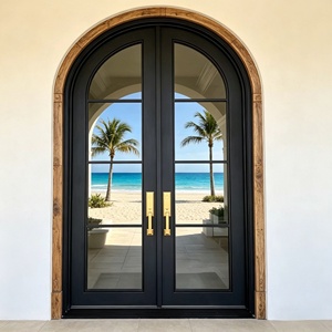 Modern wrought-iron exterior entryway door featuring an arched design with glass panels; rust-resistant and easy to install. - Product Image 6