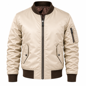 Men's Beige Bomber Jacket Solid Color <b>Covered</b> <b>Button</b> Closure Contrast Ribbed Collar Sleeve Casual Outerwear Winter Front - Product Image 1