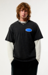 T-shirt noir à double manche coupe classique pour homme 2026, col roulé blanc à manches courtes, style streetwear décontracté, 100 % coton tricoté - Product Image 6