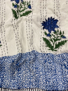Hand Block Printed Kantha <b>Quilt</b> Blue Cotton Floral Pattern Traditional Indian Stitched Bedspread Home Decor <b>Throw</b> Cover - Product Image 1