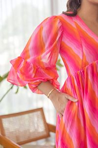 Vestido midi de gasa con cuello en V y mangas abullonadas, a rayas de color caramelo, cintura imperio, corte A, holgado, informal de verano para mujer - Product Image 4