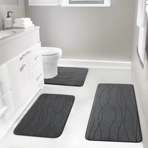 Modern Gray Abstract Wave Bath <b>Mat</b> <b>Set</b> 3Pcs Non-Slip Rubber Backing Microfiber Rectangle Home <b>Bathroom</b> Rug - Product Image 5