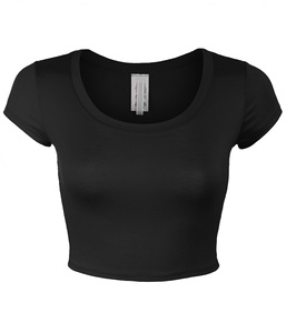 Women's <b>Black</b> Scoop Neck <b>Crop</b> <b>Top</b> <b>Short</b> <b>Sleeve</b> Slim Fit Casual Knitted Spandex Polyester Breathable Spring Summer Wear - Product Image 1