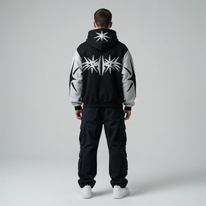 Sweat à capuche zippé contrastant pour homme, noir et gris, avec applique étoile, coupe oversize, style streetwear, fournisseur en gros - Product Image 4