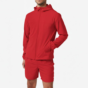 Ensemble de survêtement homme personnalisé avec logo, coupe-vent en nylon extensible quatre directions, veste à capuche tissée grande taille et short zippé pour l'été - Product Image 6