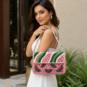 Bolso de Hombro Rectangular Bordado a Mano con Diseño de Sandía, Cuentas de Vidrio de Poliéster, Rosa Verde, Lavable, para Uso Diario - Product Image 3