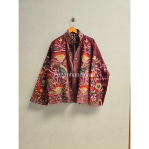 Blazer de Terciopelo con Bordado Floral a Mano para Mujer, Cuello Mao, Manga Larga, Estilo Otoñal - Product Image 3