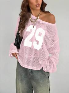 Top de punto de malla para mujer, cuello en V oversize, manga larga, estampado de números, estilo urbano, moda, venta al por mayor OEM - Product Image 3
