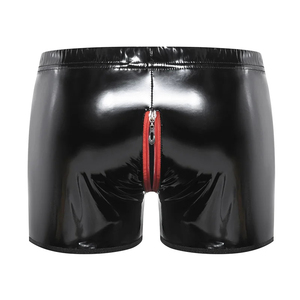 Men's Black PU Coated High Waist Shorts With <b>Red</b> Zipper Fly Gothic Style Short Shorts Spandex Nylon <b>Material</b> - Product Image 6