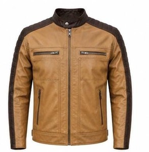 Veste en cuir pour homme, coupe ajustée, col rabattu avec fermeture éclair en fausse fourrure - Product Image 1
