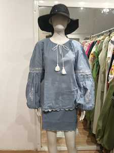 Robe mini en coton bleu indien bohème, faite à la main, écologique, respirante, avec manches bouffantes, broderie, ourlet festonné, coupe ample, été - Product Image 5