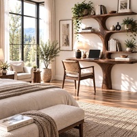 Bureau mural contemporain en bois Luxali avec étagère en forme d'arbre, plusieurs étagères et tiroir pour bureau à domicile