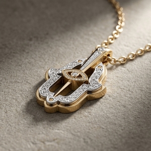 Pendentif amulette de protection main de Hamza en or avec halo de diamants et œil central distinctif pour usage quotidien - Product Image 3