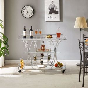 Carrello Bar in Vetro Argentato Elettrolitico con Portabottiglie e Portabicchieri per Servizio in Cucina e Uso Alberghiero - Product Image 1