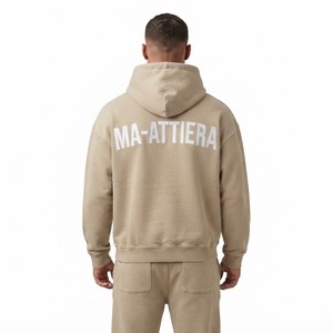 Ensemble survêtement streetwear en coton beige surdimensionné avec sweat à capuche et pantalon large – OEM ODM Vente en gros - Product Image 2