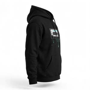 Sudadera con capucha negra gruesa especial de invierno con estampado gráfico retro de cinta de casete con efecto neón, estilo urbano, unisex. - Product Image 3