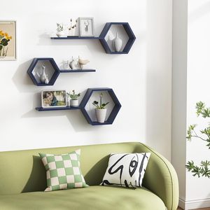 Estantes de Pared de Madera para Sala de Estar, Juego de 6 Estantes Hexagonales Azules para Fotos, Plantas y Decoración de Pared, Diseño de Panal - Product Image 2