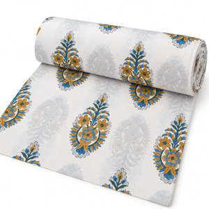 Tissu en voile de coton peigné léger imprimé à la main Pinksa Fashion, motif feuilles jaunes et bleues, 90 GSM - Product Image 3