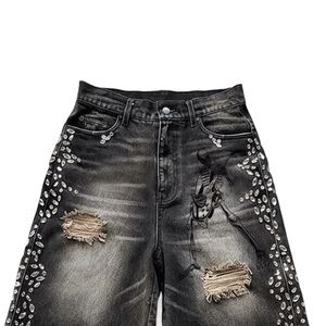2026 New Custom 100% Cotton Double Knee Distressed Vintage Acid Wash Baggy Rhinestone Jorts Denim <b>Jeans</b> Shorts for <b>Men</b> - Product Image 3