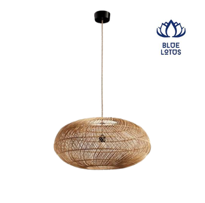 Luminaire suspendu LED en rotin bleu lotus avec abat-jour cloche, finition dorée, contrôle par capteur vocal, lumière blanc chaud 3000K, CRI 90, grand modèle à montage au plafond - Product Image 1