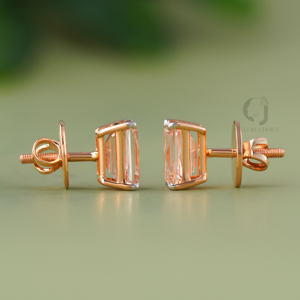 Luxury 4.07CT Emerald Cut Fancy Peach Lab Grown Diamond <b>Earrings</b> 14KT Yellow Gold EF Solitaire Studs Two Tone Screw <b>Back</b> Jewelry - Product Image 3