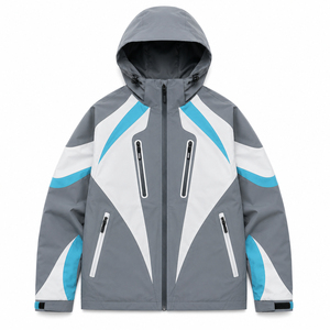 Veste de ski imperméable pour homme avec logo personnalisé, veste de snowboard à capuche avec blocs de couleur incurvés, manteau d'hiver pour l'extérieur - Product Image 1