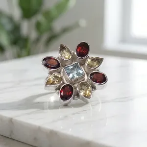 Anillo de Plata de Ley 925 con Racimo de Piedras Preciosas Multicolores, Hecho a Mano, con Citrino, Granate y Topacio Azul, Joyería de Cóctel - Product Image 4