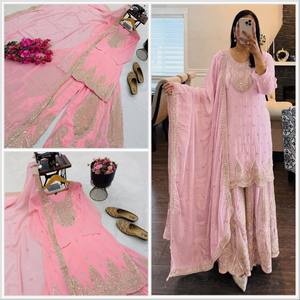 Conjunto de traje Sharara de georgette de zorro premium con bordado de lentejuelas, elástico, de secado rápido, reversible, top de diseñador y dupatta para mujer - Product Image 2