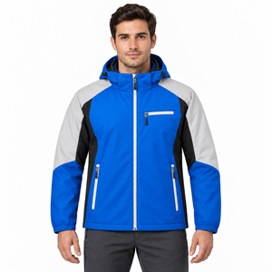 Color Block <b>Mens</b> Winter Softshell Jacket Full Zip Adjustable Hood Trail Workwear Chest Pocket Custom Logo Printing Elastic Cuffs - Product Image 5