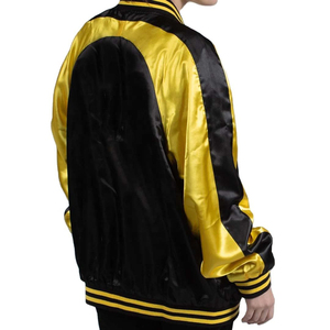 Veste universitaire noire et jaune pour homme, manches en satin, blocs de couleur, col rabattu, coupe classique, décontractée, pour l'automne - Product Image 6