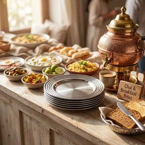 Assiette à quart de partage de 18 cm en acier inoxydable 304, faite à la main, avec bord satiné et ondulé, style INS, pour la décoration de la maison et des hôtels - Product Image 2