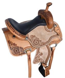 Selle en cuir occidental haut de gamme artisanale avec finition bicolore, siège rembourré en daim noir et motifs floraux complexes gravés à la main - Product Image 1