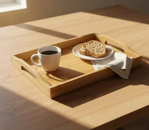 Plateau de service rectangulaire profond en bois d'acacia avec poignées latérales sculptées en forme d'arche, pour le petit-déjeuner, hôtel, OEM personnalisé, Vietnam - Product Image 6