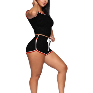 High Street Customized Cotton/Spandex Women's Neckline T-Shirts & <b>Booty</b> Shorts Stripped Skinny Fit Women Gym Training Wear OEM - Product Image 4