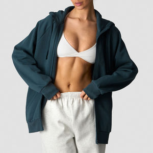 Sudadera con capucha extragrande de primera calidad para mujer, con cremallera, logotipo personalizado, forro polar, lavado ácido, 100% algodón, para gimnasio, deportes, ropa urbana, ajuste holgado - Product Image 2