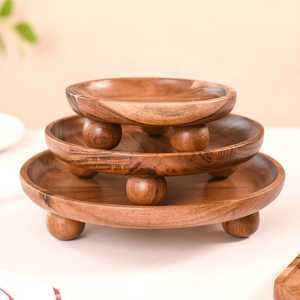 Plateau décoratif en bois d'acacia poli pour salades de fruits, collations ou fruits secs, thé, café, plateau de service rond en bois - Product Image 3